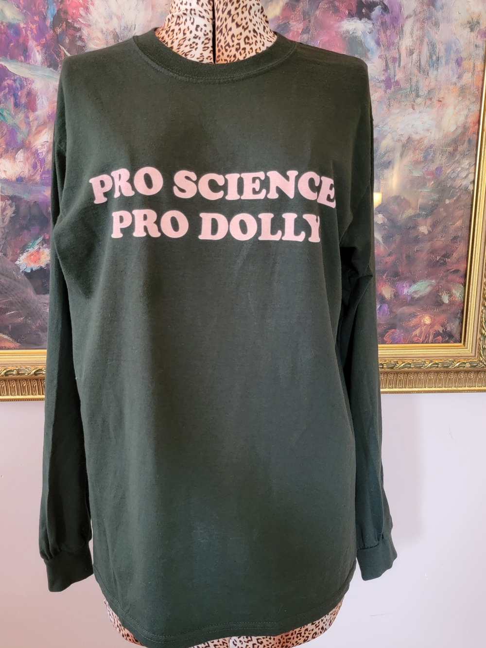Gildan Dolly Parton Dark Green Crewneck Tee with Pink Chest Graphic